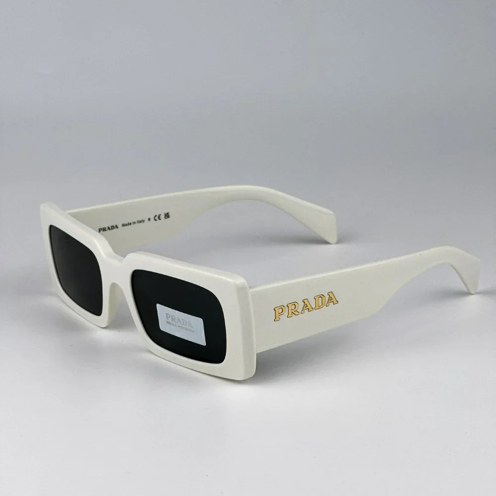 Prada PR A07S 1425S0 Sunglasses Talc White Dark Grey Rectangle Unisex - Picture 7 of 10